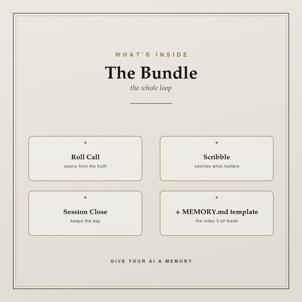 Give Your AI a Memory — Bundle (Roll Call + Scribble + Session Close)